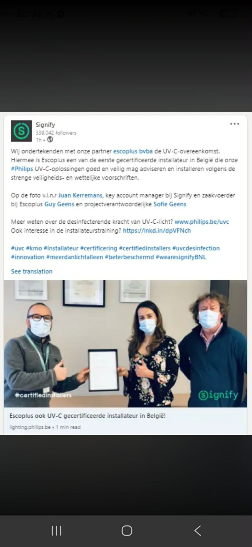 EscoPlus certified UV-C installer by Signify